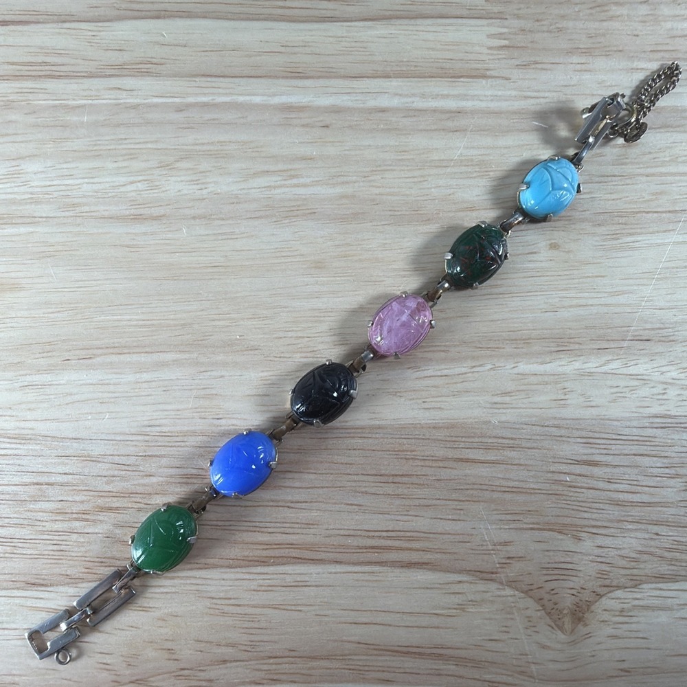 Vintage Scarab Bracelet Egyptian Multi Color Faux Stone Silver Tone 8" By Thorn